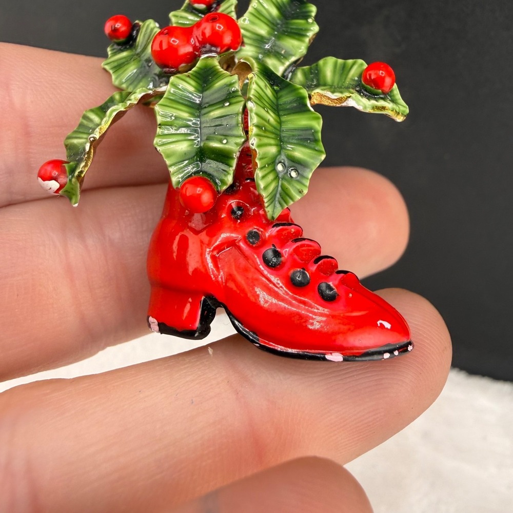 Vintage‎ Original by Robert Brooch Red Green Holiday Enamel Boot Holly 2in - Picture 4 of 9